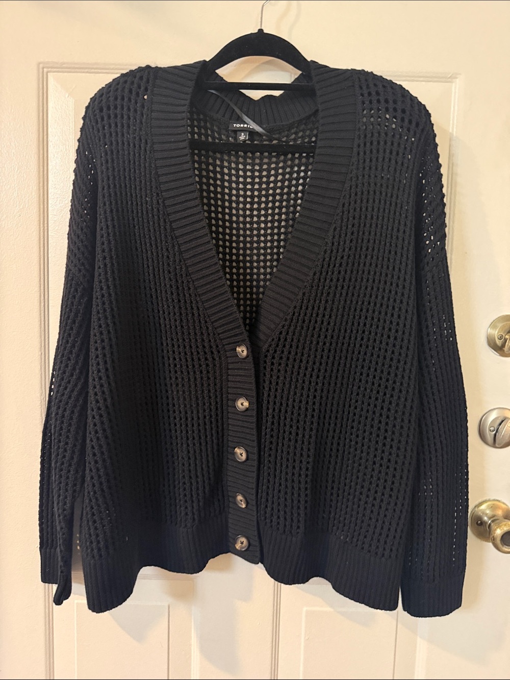 Torrid Rich Black Open-Weave Button Front Cardigan. 3X
